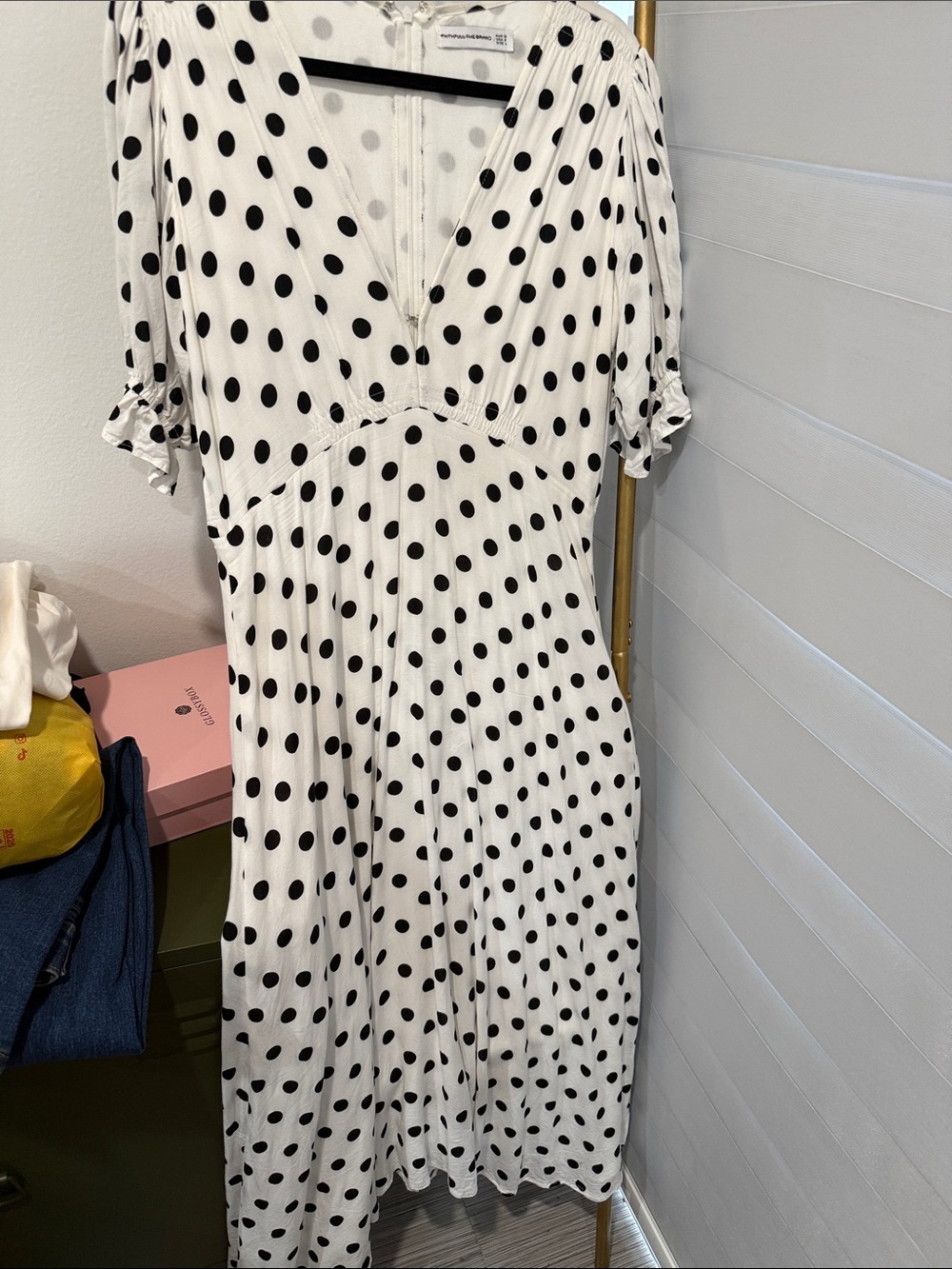 Faithful the brand White and Black Polka Dot V-Neck midi Dress sz 8/ L